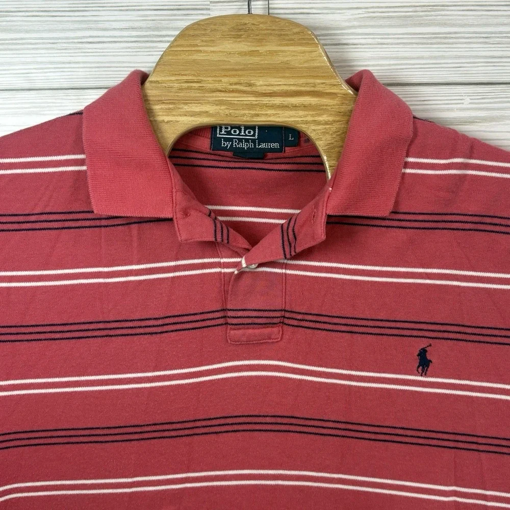 Polo Ralph Lauren Men's Golf Polo Shirt‎ Red White Black Stripe Cotton Sz Lg